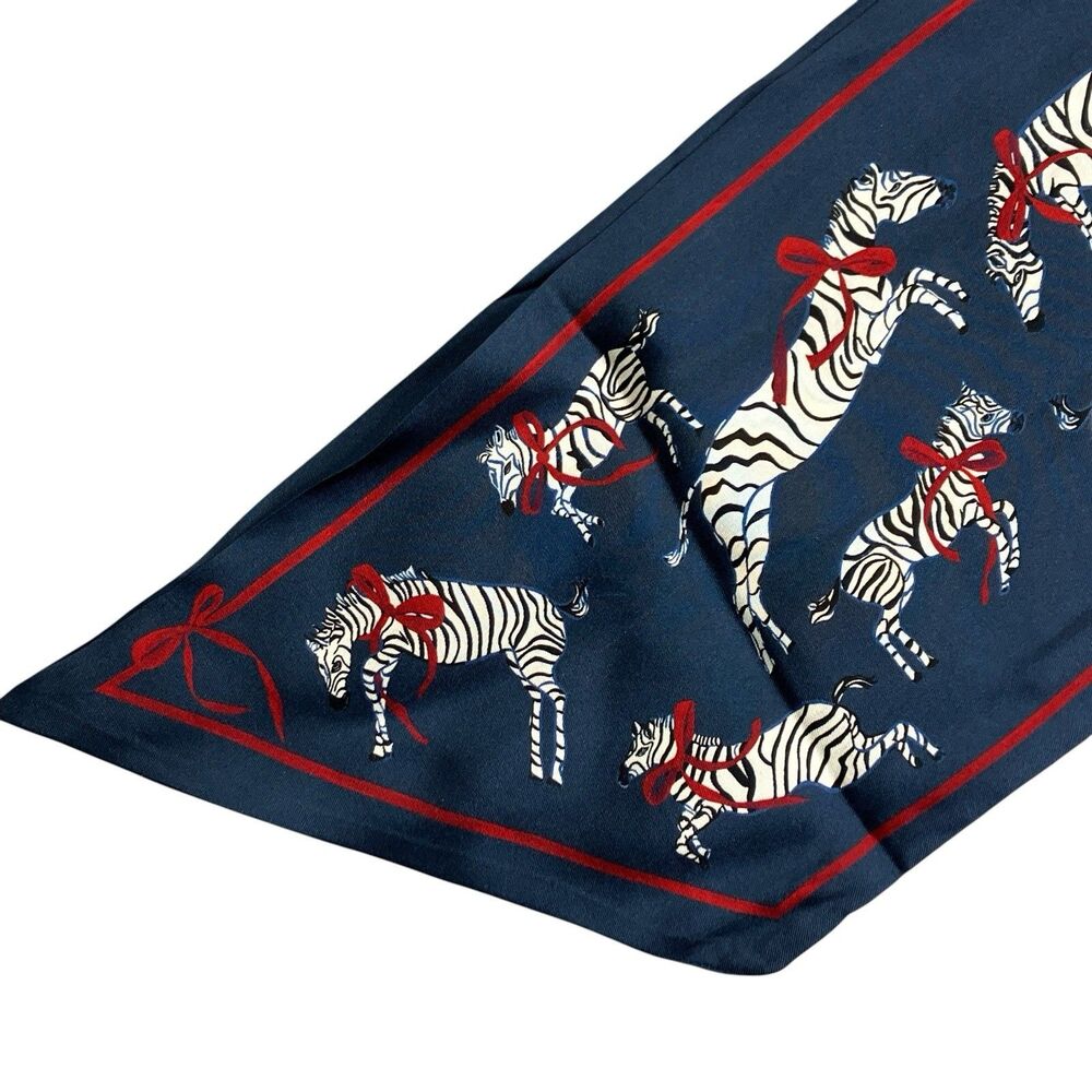 J Crew Silk Skinny Scarf Womens One Size Navy Red Zebra Bow Twilly BS227
